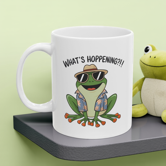 What’s Hoppening?! Frog Mug – Funny Tropical Frog in Hawaiian Shirt Coffee Cup, Cute Animal Ceramic Mug, Funky Gift for Frog Lovers