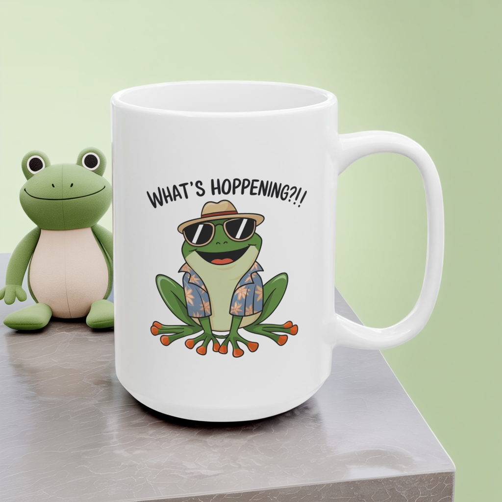 What’s Hoppening?! Frog Mug – Funny Tropical Frog in Hawaiian Shirt Coffee Cup, Cute Animal Ceramic Mug, Funky Gift for Frog Lovers