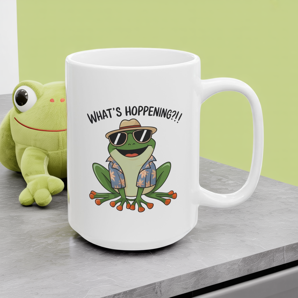 What’s Hoppening?! Frog Mug – Funny Tropical Frog in Hawaiian Shirt Coffee Cup, Cute Animal Ceramic Mug, Funky Gift for Frog Lovers