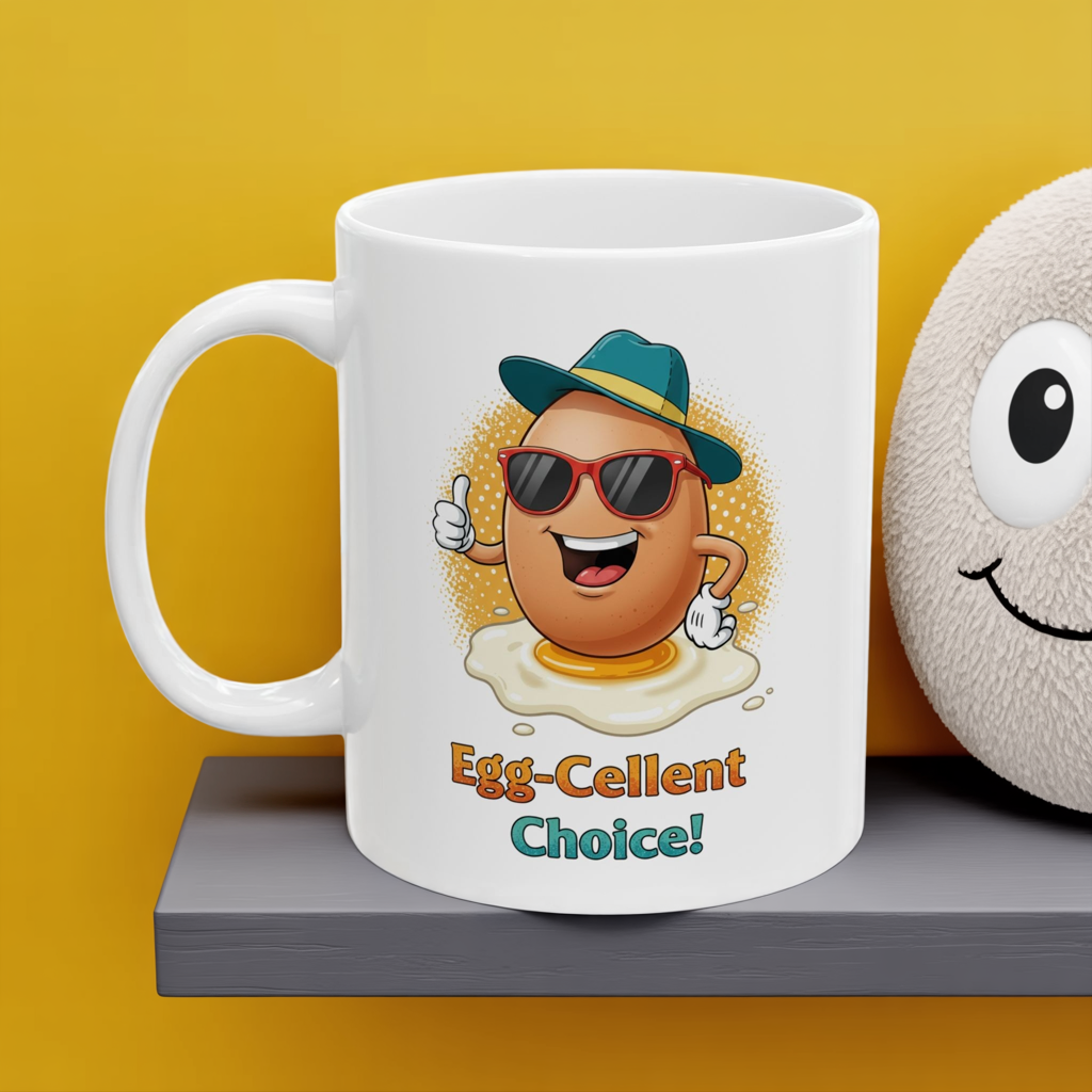 Egg-Cellent Choice! Funny Cartoon Egg Mug with Sunglasses & Hat – Cute Breakfast Ceramic Coffee Cup – Punny Gift for Egg Lovers