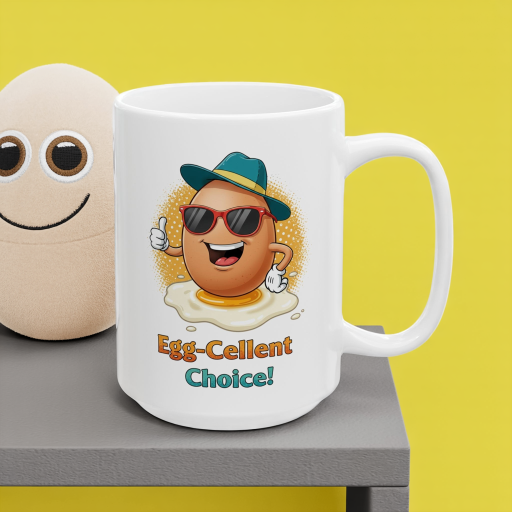 Egg-Cellent Choice! Funny Cartoon Egg Mug with Sunglasses & Hat – Cute Breakfast Ceramic Coffee Cup – Punny Gift for Egg Lovers