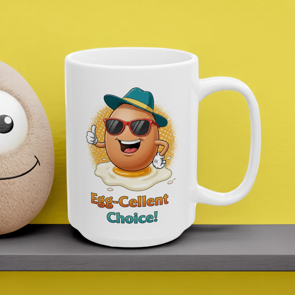 Egg-Cellent Choice! Funny Cartoon Egg Mug with Sunglasses & Hat – Cute Breakfast Ceramic Coffee Cup – Punny Gift for Egg Lovers