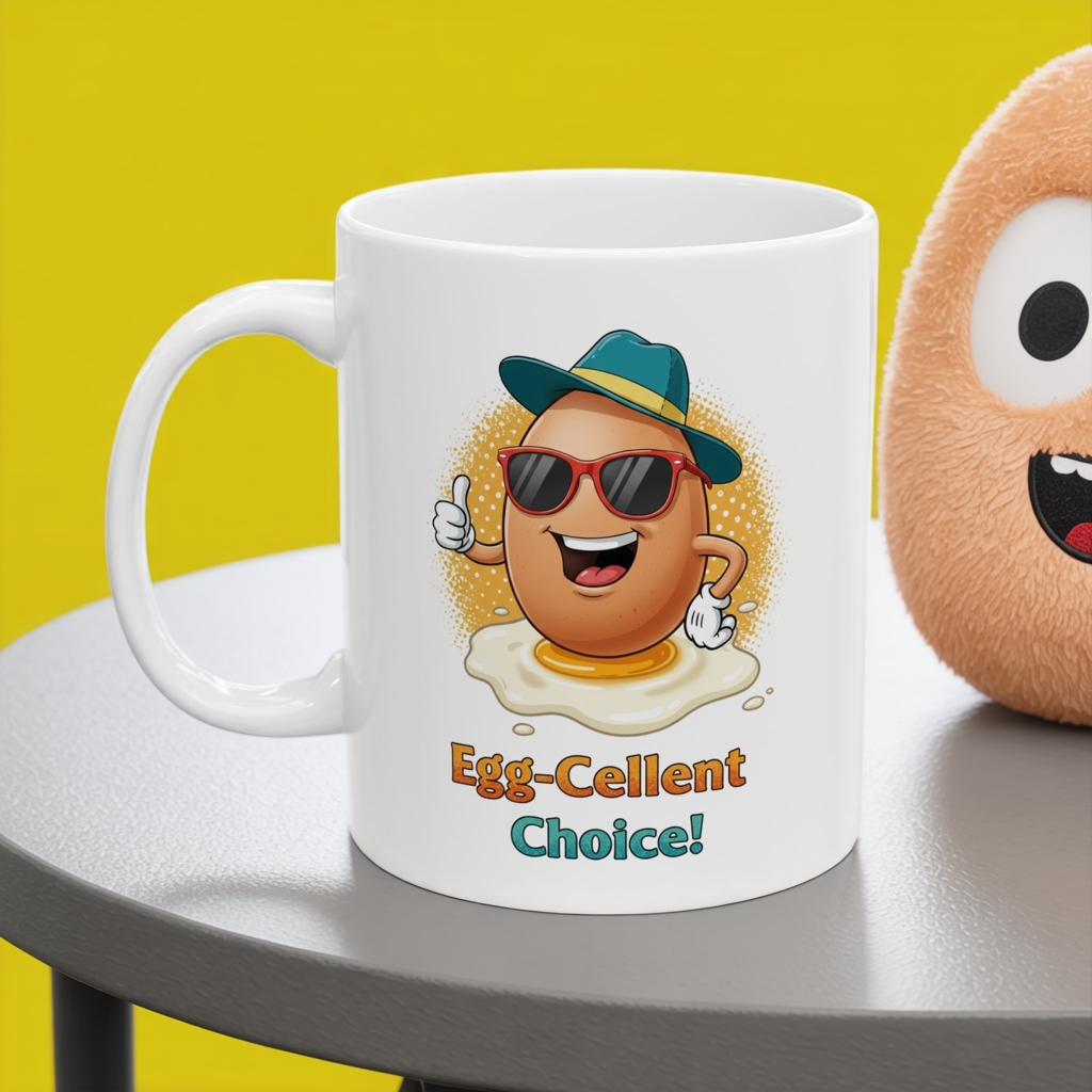Egg-Cellent Choice! Funny Cartoon Egg Mug with Sunglasses & Hat – Cute Breakfast Ceramic Coffee Cup – Punny Gift for Egg Lovers