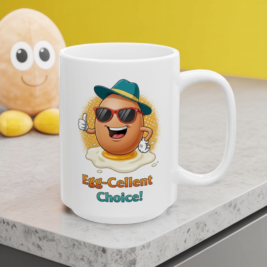Egg-Cellent Choice! Funny Cartoon Egg Mug with Sunglasses & Hat – Cute Breakfast Ceramic Coffee Cup – Punny Gift for Egg Lovers