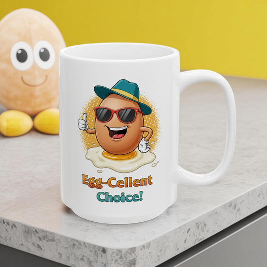 Egg-Cellent Choice! Funny Cartoon Egg Mug with Sunglasses & Hat – Cute Breakfast Ceramic Coffee Cup – Punny Gift for Egg Lovers