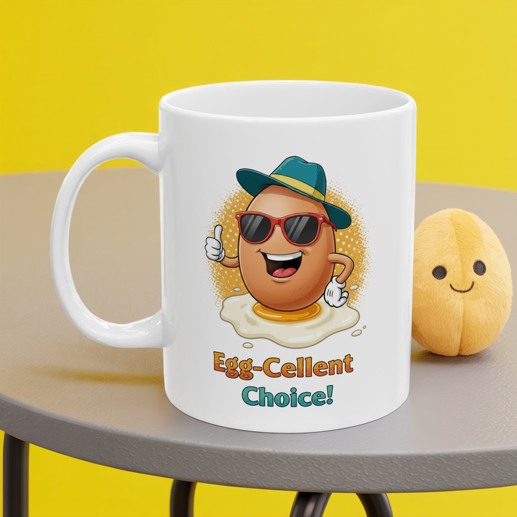 Egg-Cellent Choice! Funny Cartoon Egg Mug with Sunglasses & Hat – Cute Breakfast Ceramic Coffee Cup – Punny Gift for Egg Lovers