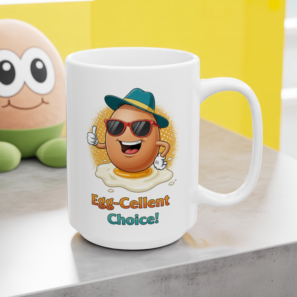 Egg-Cellent Choice! Funny Cartoon Egg Mug with Sunglasses & Hat – Cute Breakfast Ceramic Coffee Cup – Punny Gift for Egg Lovers