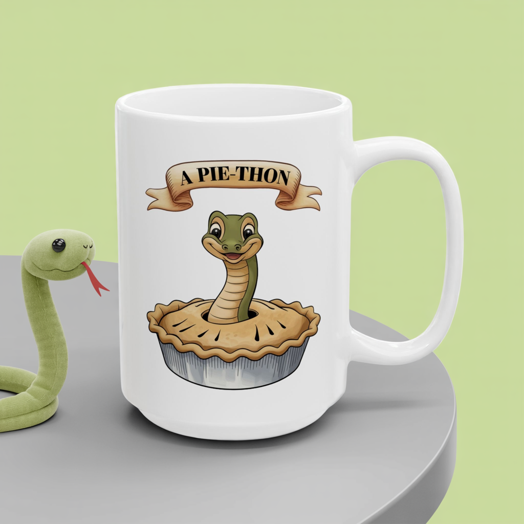 Pie-Thon Snake Mug - Funny Python Pie Pun Mug, Quirky Animal Cartoon Ceramic Coffee Cup, Novelty Gift for Snake Lovers & Bakery Fans