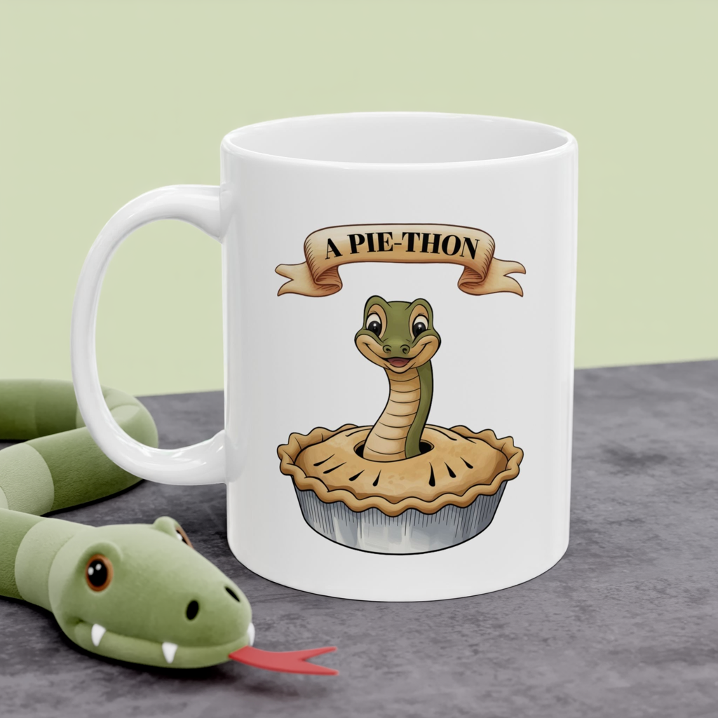 Pie-Thon Snake Mug - Funny Python Pie Pun Mug, Quirky Animal Cartoon Ceramic Coffee Cup, Novelty Gift for Snake Lovers & Bakery Fans