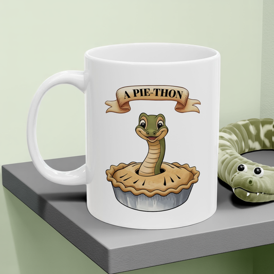 Pie-Thon Snake Mug - Funny Python Pie Pun Mug, Quirky Animal Cartoon Ceramic Coffee Cup, Novelty Gift for Snake Lovers & Bakery Fans