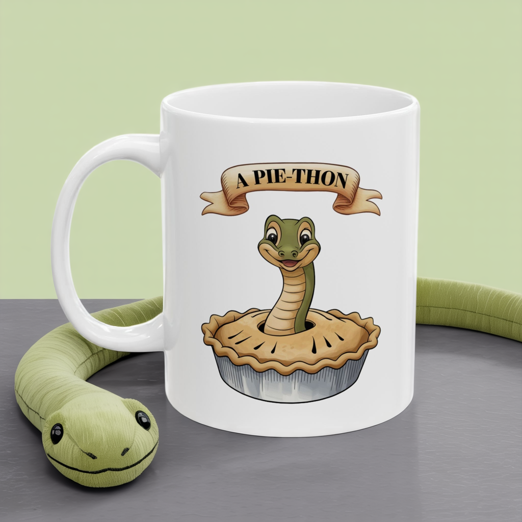 Pie-Thon Snake Mug - Funny Python Pie Pun Mug, Quirky Animal Cartoon Ceramic Coffee Cup, Novelty Gift for Snake Lovers & Bakery Fans