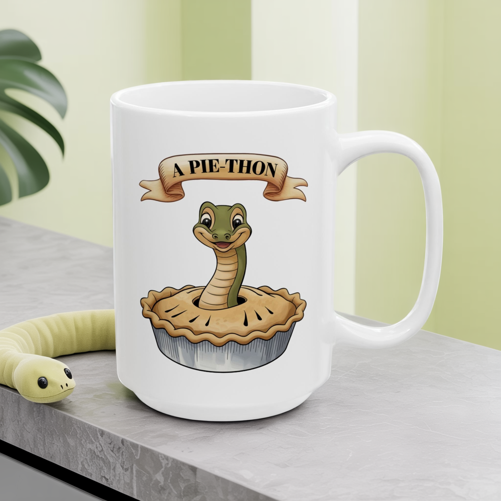 Pie-Thon Snake Mug - Funny Python Pie Pun Mug, Quirky Animal Cartoon Ceramic Coffee Cup, Novelty Gift for Snake Lovers & Bakery Fans