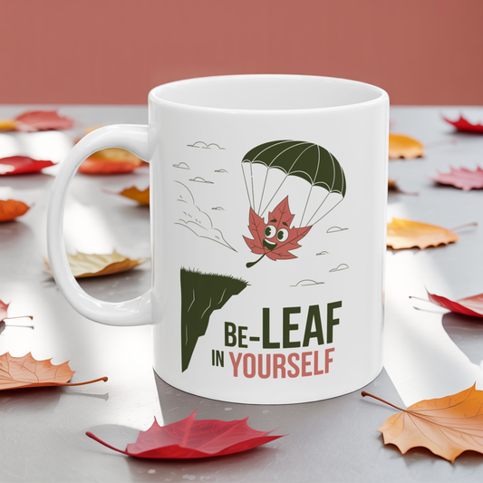 Be-Leaf In Yourself Mug – Motivational Leaf Parachute Design on Ceramic Coffee Cup, Positive Affirmation Gift for Fall Lovers & Nature Enthusiasts