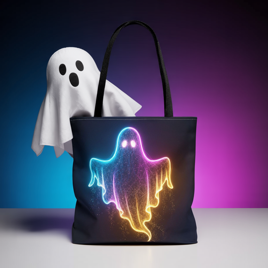 Neon Ghost Tote Bag - Bright Colorful Ghost Print Shoulder Tote, Spooky Cute Reusable Canvas Bag, Halloween Aesthetic Everyday Carry