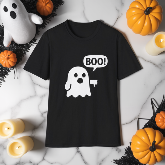 Cute Ghost Thumbs-Down 'Boo' Tee | Funny Halloween Play on Words Shirt | Spooky Season Ghost Tee | Fall Coquette Aesthetic Tee