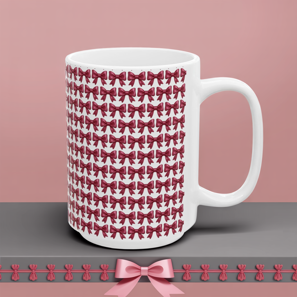 Coquette Bow Coffee Mug • Pink Ribbon Bow Pattern Cup • Girly Aesthetic Drinkware • Cute Coquette Kitchen Decor Gift • 11oz 15oz Mug
