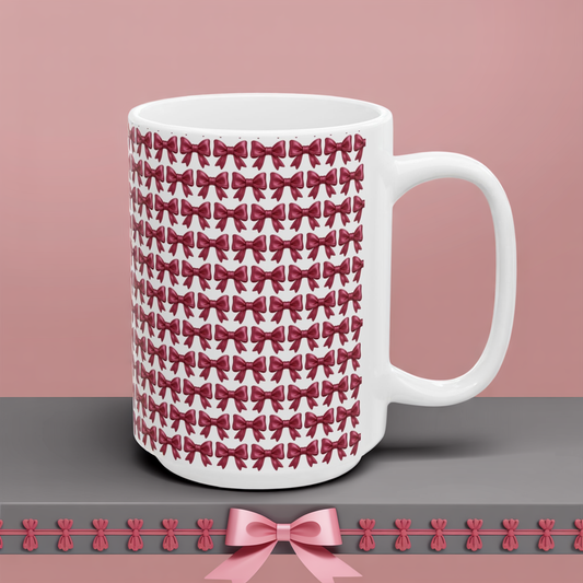 Coquette Bow Coffee Mug • Pink Ribbon Bow Pattern Cup • Girly Aesthetic Drinkware • Cute Coquette Kitchen Decor Gift • 11oz 15oz Mug