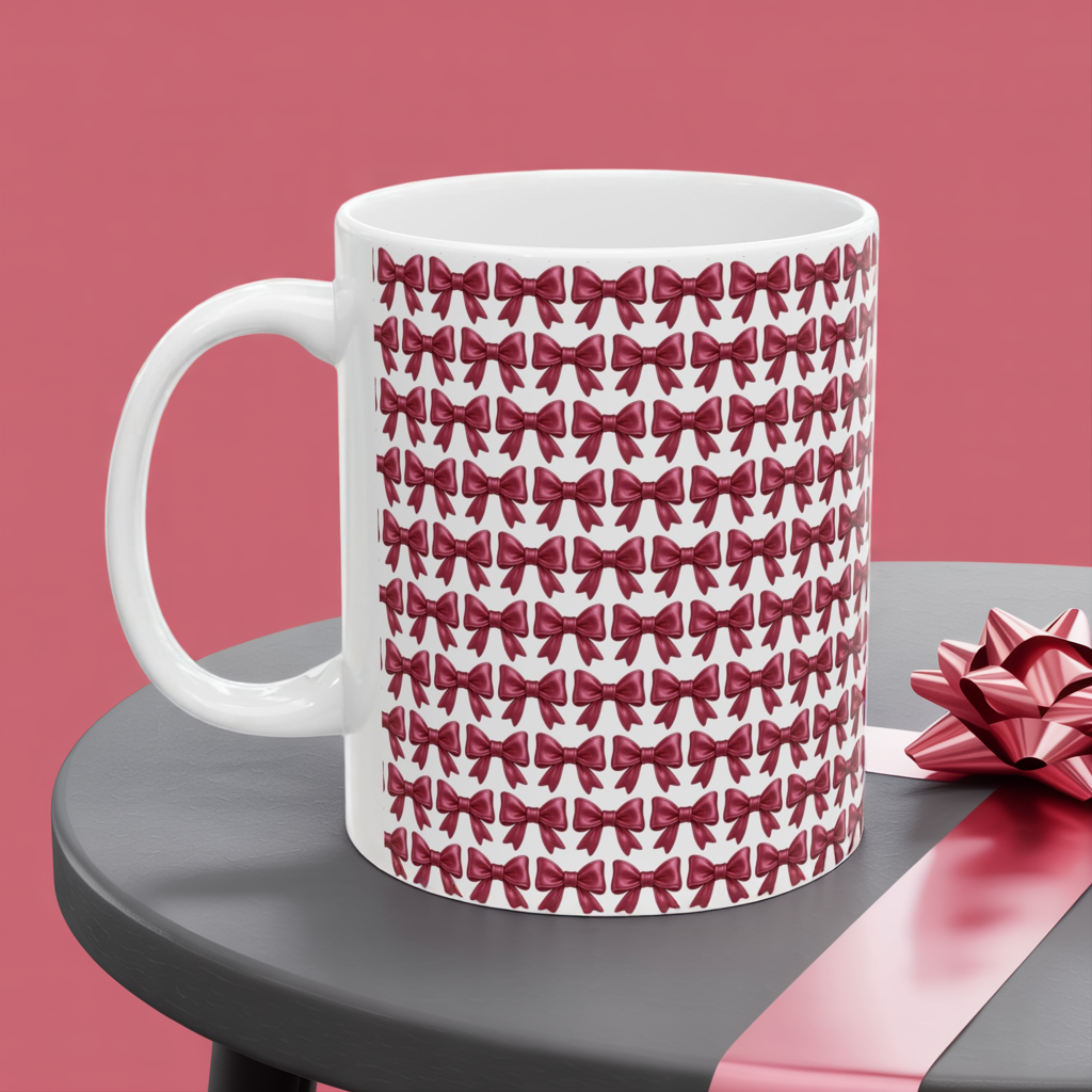 Coquette Bow Coffee Mug • Pink Ribbon Bow Pattern Cup • Girly Aesthetic Drinkware • Cute Coquette Kitchen Decor Gift • 11oz 15oz Mug