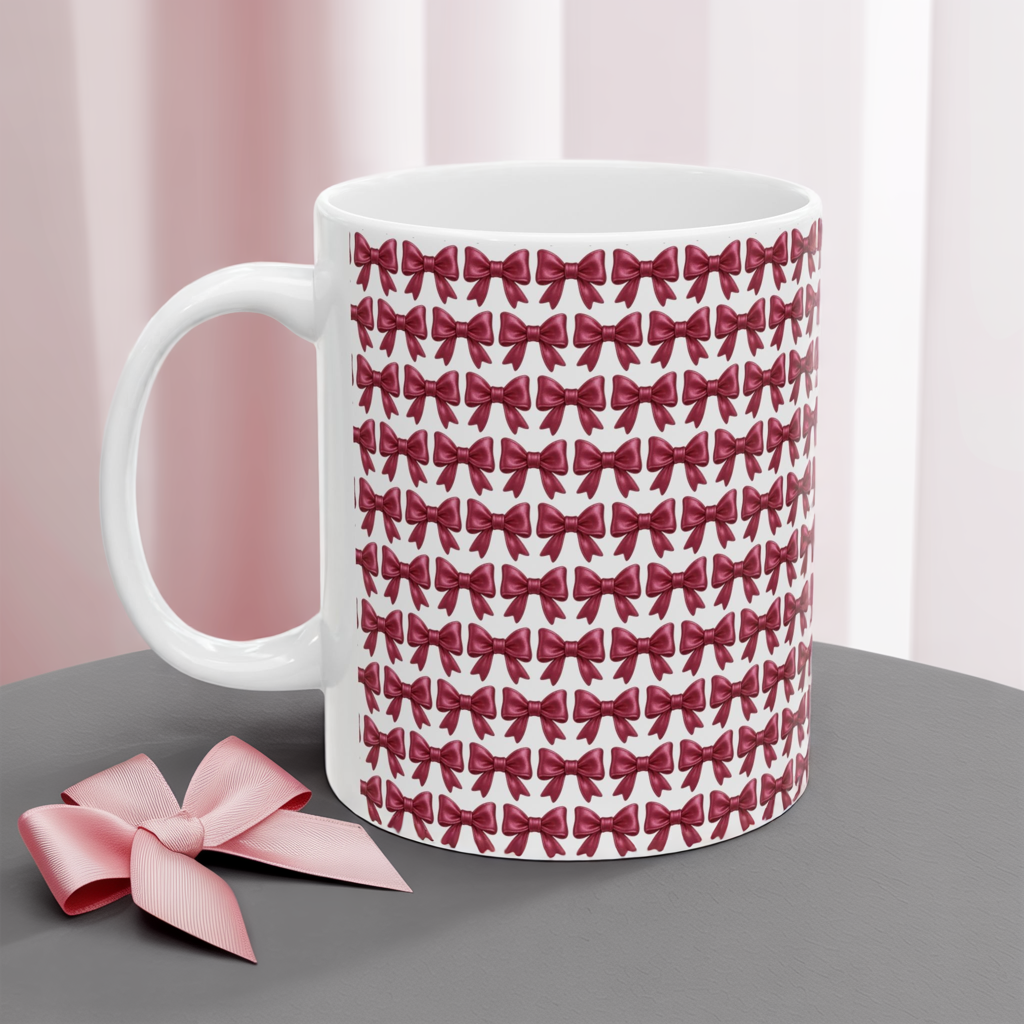 Coquette Bow Coffee Mug • Pink Ribbon Bow Pattern Cup • Girly Aesthetic Drinkware • Cute Coquette Kitchen Decor Gift • 11oz 15oz Mug