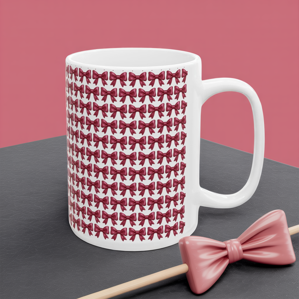 Coquette Bow Coffee Mug • Pink Ribbon Bow Pattern Cup • Girly Aesthetic Drinkware • Cute Coquette Kitchen Decor Gift • 11oz 15oz Mug