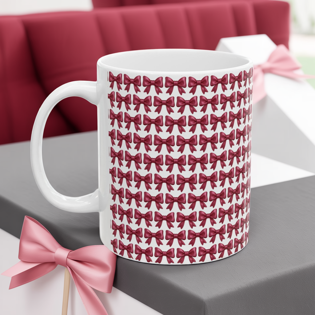 Coquette Bow Coffee Mug • Pink Ribbon Bow Pattern Cup • Girly Aesthetic Drinkware • Cute Coquette Kitchen Decor Gift • 11oz 15oz Mug