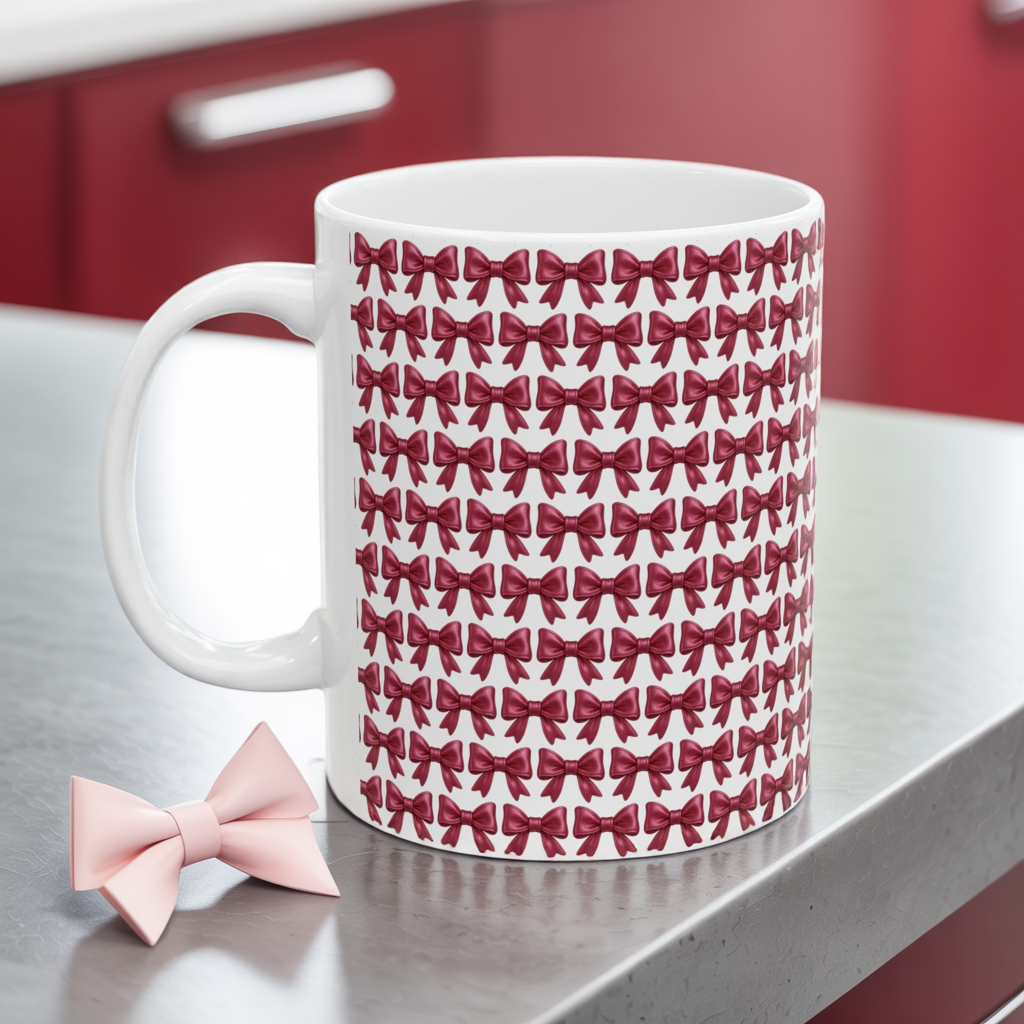 Coquette Bow Coffee Mug • Pink Ribbon Bow Pattern Cup • Girly Aesthetic Drinkware • Cute Coquette Kitchen Decor Gift • 11oz 15oz Mug