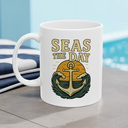 Seas the Day Coffee Mug – Nautical Anchor Ocean Sunset Cup, Funny Motivational Gift for Coffee Lovers, Sailors & Beach Vibes