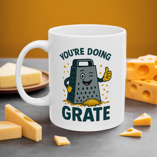 You’re Doing Grate Funny Pun Mug – Cheesy Kitchen Coffee Cup, Positive Encouragement Gift for Coworkers, Friends & Teachers
