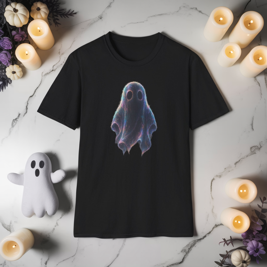 Ethereal Neon Ghost Tee - Iridescent Ghost Graphic T-Shirt, Spooky Aesthetic Halloween Shirt, Vibrant Vaporwave Ghost Tee for Fall