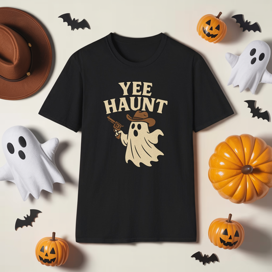Yee Haunt Ghost Cowboy Halloween Tee - Cute Western Spooky Ghost Shirt - Boo Haw Fall Tee for Ghost Lovers - Unisex Halloween Graphic T-Shirt