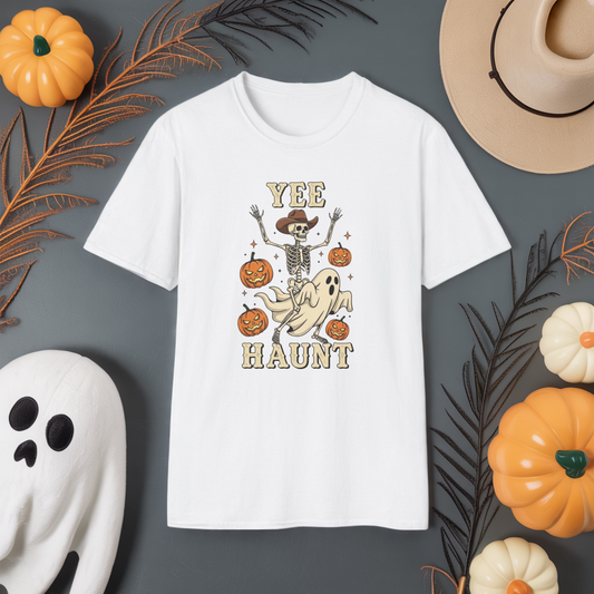 Yee Haunt Skeleton Cowboy Ghost Halloween Shirt - Spooky Western Dancing Skeleton Tee, Pumpkin Haunted Ghost Cowboy Top Fall Graphic Tee