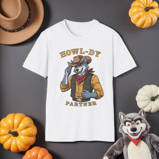 Howl-dy Partner Wolf Cowboy T-Shirt | Western Howling Wolf Graphic Tee, Funny Animal Shirt, Cowboy Gifts, Rustic Country Tee