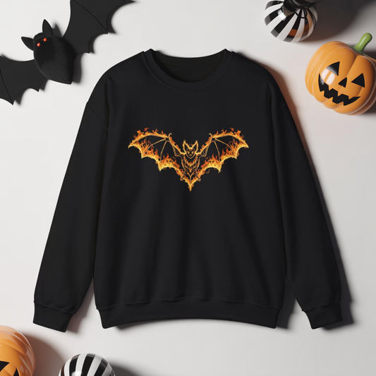 Flaming Bat Sweatshirt - Halloween Spooky Season Graphic Crewneck, Fiery Bat Design, Gothic Fall Fashion, Spooky Gift