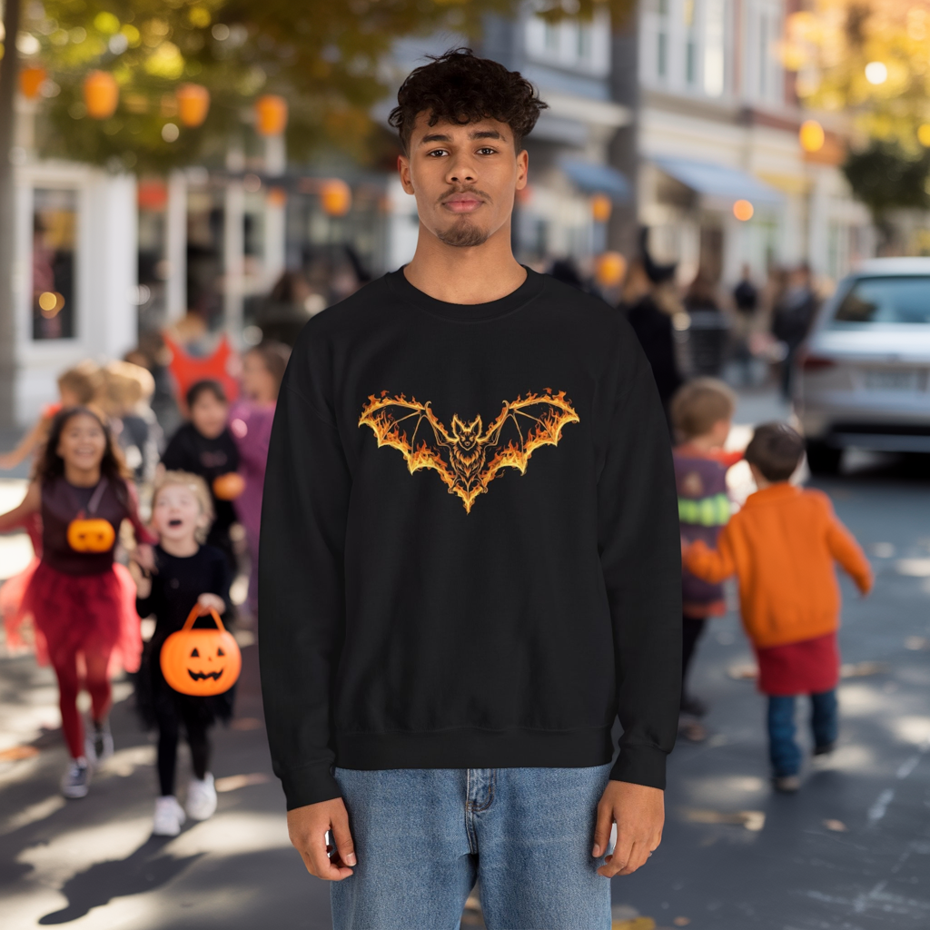 Flaming Bat Sweatshirt - Halloween Spooky Season Graphic Crewneck, Fiery Bat Design, Gothic Fall Fashion, Spooky Gift