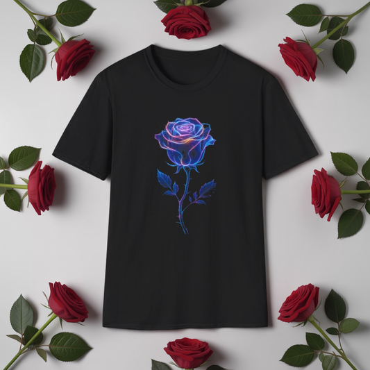 neon rose t-shirt, glowing rose tee, floral graphic shirt, neon flower design, botanical t-shirt, glow aesthetic top, trendy rose apparel