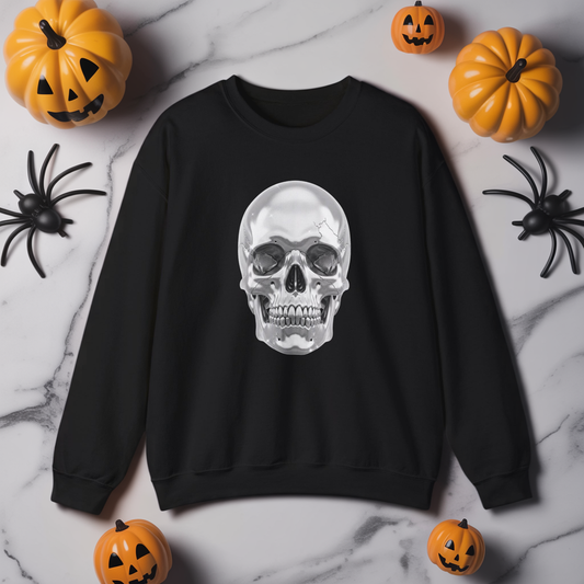 Silver Skull Sweatshirt, Gothic Skull Crewneck, Retro Skull Sweatshirt, Vintage Skull Graphic, Halloween Rock Pullover