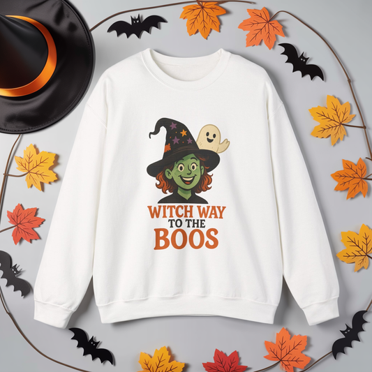 Witch Way To The Boos Sweatshirt, Funny Witch Halloween Crewneck, Witchy Ghost Sweatshirt, Spooky Season Graphic Pullover, Lighthearted Halloween Wear