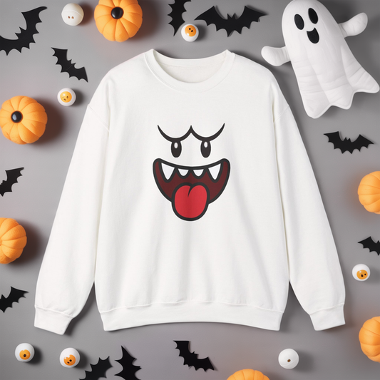Spooky Grin Sweatshirt, Cartoon Ghost Face Crewneck, Halloween Grinning Ghost Sweatshirt, Cute Monster Smile Pullover, Spooky Season Graphic Sweat