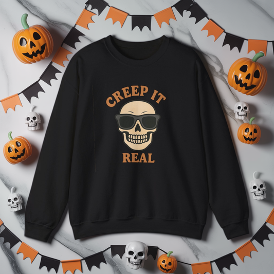 Creep It Real Skull Sweatshirt, Funny Halloween Skull Crewneck, Spooky Skeleton Pullover, Dark Graphic Sweatshirt, Unisex Halloween Gift