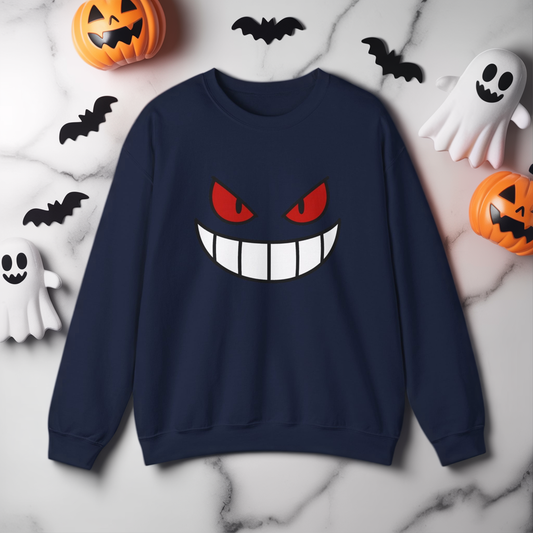 Evil Grin Sweatshirt, Creepy Skull Face Crewneck, Spooky Halloween Pullover, Dark Grinning Ghost Tee, Unisex Scary Smile Sweatshirt