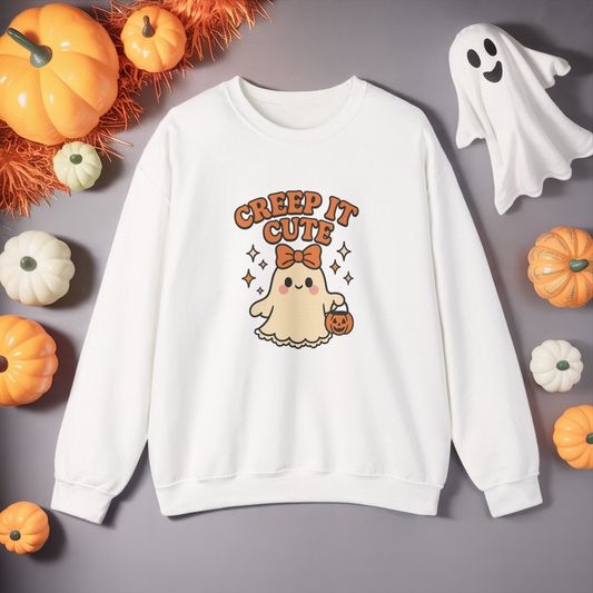 Cute Ghost Sweatshirt, Creep It Cute Crewneck, Spooky Halloween Pullover, Sweet Ghost Graphic Sweatshirt, Trick-Or-Treat Gift Top