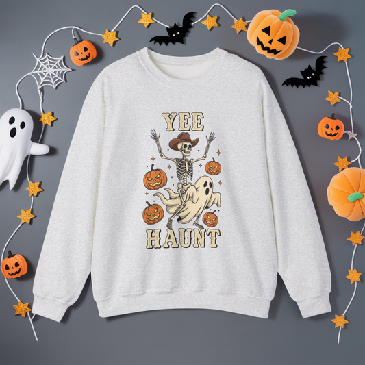 Yee Haunt Sweatshirt, Skeleton Ghost Pullover, Funny Halloween Crewneck, Spooky Pumpkin Ghost Tee, Haunting Night Graphic Sweatshirt