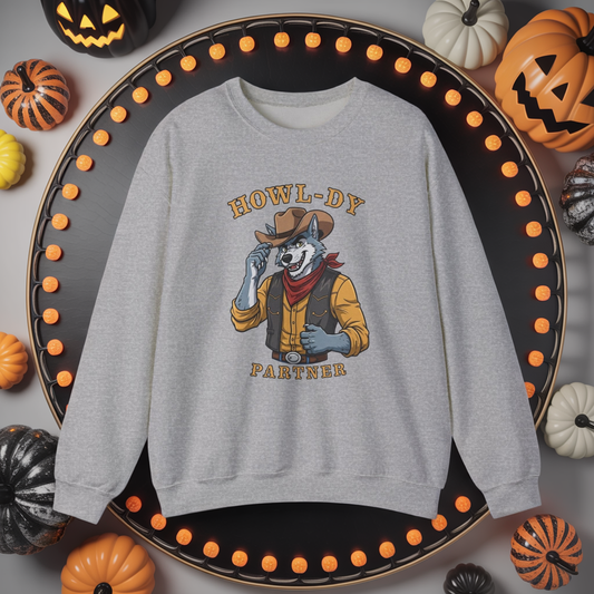 Howl-dy Partner Wolf Sweatshirt, Cowboy Werewolf Halloween Crewneck, Western Spooky Graphic Pullover for Animal Lover Gift Sweatshirt