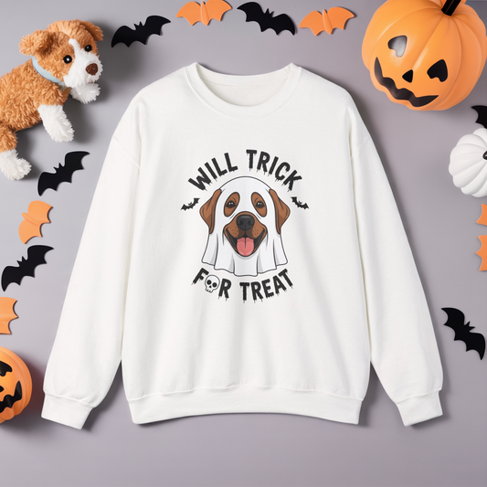 Will Trick for Treat Sweatshirt, Ghost Dog Halloween Crewneck, Funny Pet Costume Graphic Pullover, Trick-or-Treat Dog Lover Gift Sweater