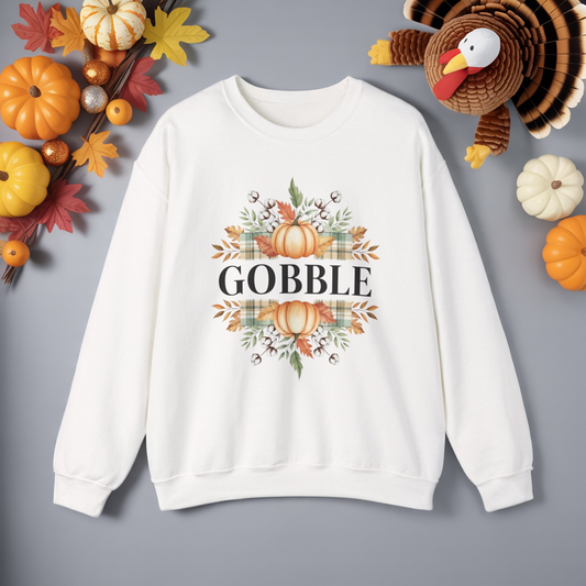 Gobble Turkey Sweatshirt, Thanksgiving Gobble Crewneck, Autumn Pumpkin Leaves Pullover, Fall Graphic Sweatshirt, Cozy Turkey Shirt