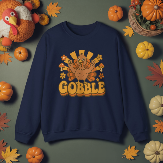 Gobble Turkey Sweatshirt, Retro Fall Turkey Crewneck, Thanksgiving Graphic Pullover, Autumn Mushroom & Flower Design, Cozy Fall Top