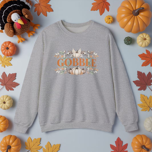 Gobble Thanksgiving Sweatshirt, Neutral Fall Pumpkin Crewneck, Autumn Cotton Stems Leaves Pullover, Cozy Rustic Thanksgiving Top