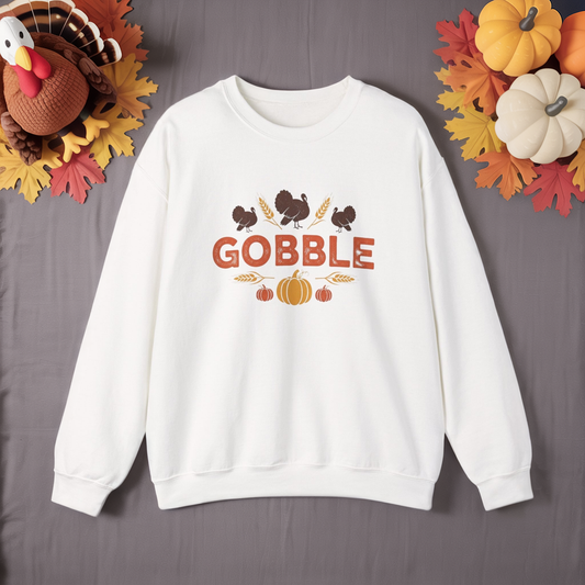 Gobble Turkey Sweatshirt, Thanksgiving Pumpkin Crewneck, Autumn Wheat & Turkey Graphic Pullover, Cozy Fall Family Turkey Day Shirt