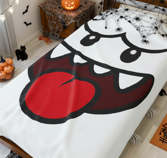 Funny Ghost Face Blanket, Spooky Halloween Throw, Creepy Gamer Room Bedding, Novelty Tongue Out Ghost Bedspread, Cool Cozy Horror Decor