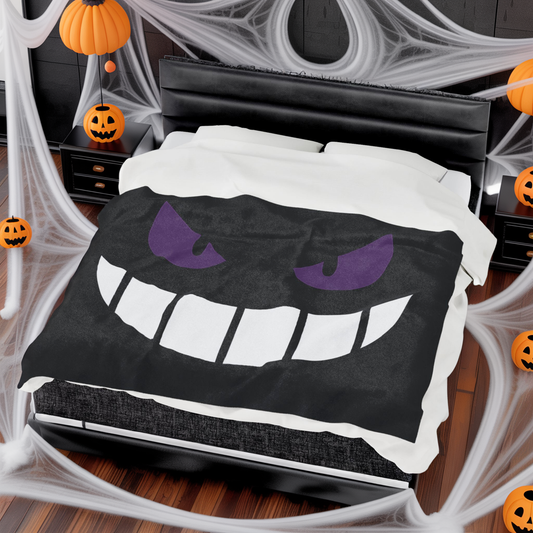 Evil Grin Blanket, Spooky Purple Eyes Throw Blanket, Creepy Cute Gamer Room Decor, Halloween Horror Bedding, Gothic Cozy Plush Blanket